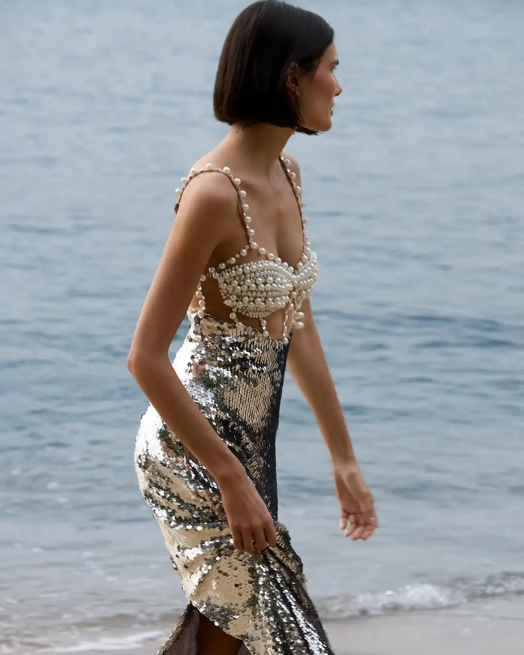 Fashionable Haute Couture  Woman Evening Dress  Pearl Sliver Sequins Spaghetti Strap Long Dress  Celebrity Birthday Party Outfit - Image 3