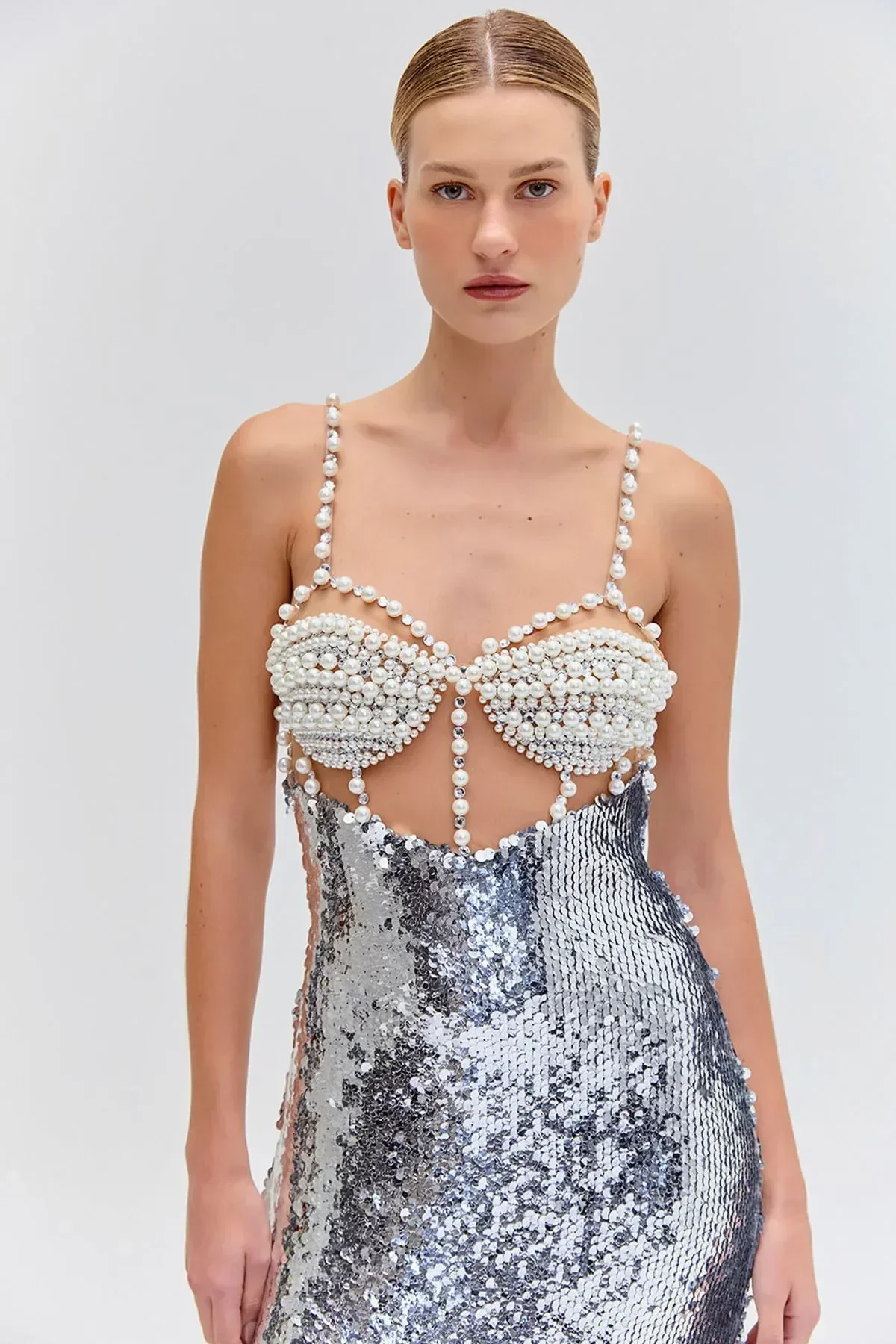 Fashionable Haute Couture  Woman Evening Dress  Pearl Sliver Sequins Spaghetti Strap Long Dress  Celebrity Birthday Party Outfit - Image 4