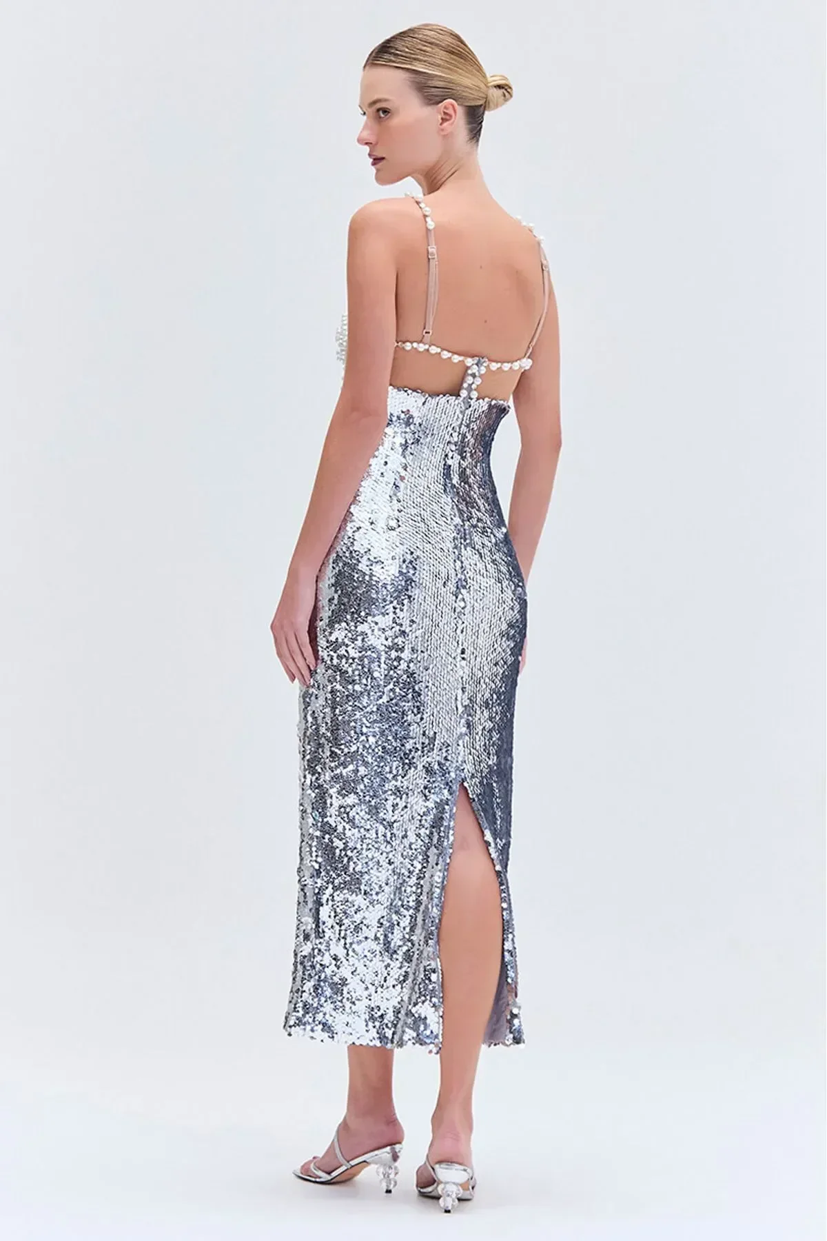 Fashionable Haute Couture  Woman Evening Dress  Pearl Sliver Sequins Spaghetti Strap Long Dress  Celebrity Birthday Party Outfit - Image 5