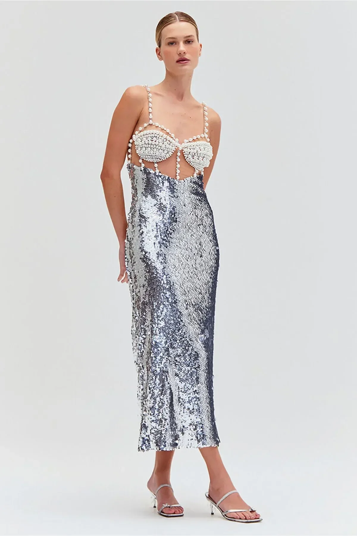 Fashionable Haute Couture  Woman Evening Dress  Pearl Sliver Sequins Spaghetti Strap Long Dress  Celebrity Birthday Party Outfit - Image 6
