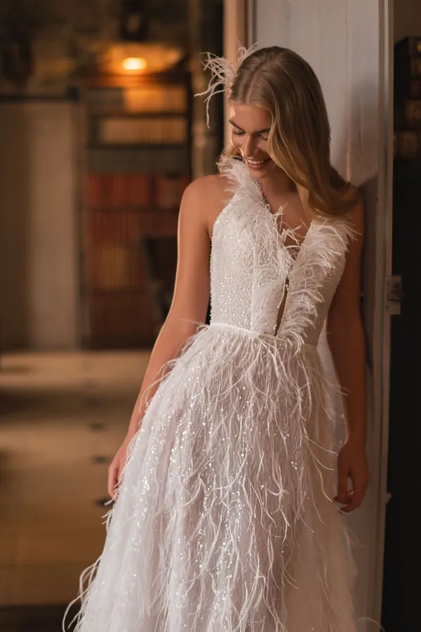Feather Deep V-Neck Dress Women Sexy Backless A-Line Solid Wedding Dresses - Image 2