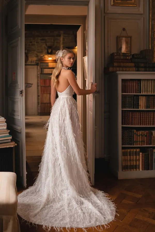 Feather Deep V-Neck Dress Women Sexy Backless A-Line Solid Wedding Dresses - Image 3