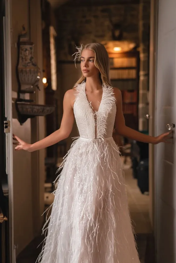 Feather Deep V-Neck Dress Women Sexy Backless A-Line Solid Wedding Dresses - Image 4