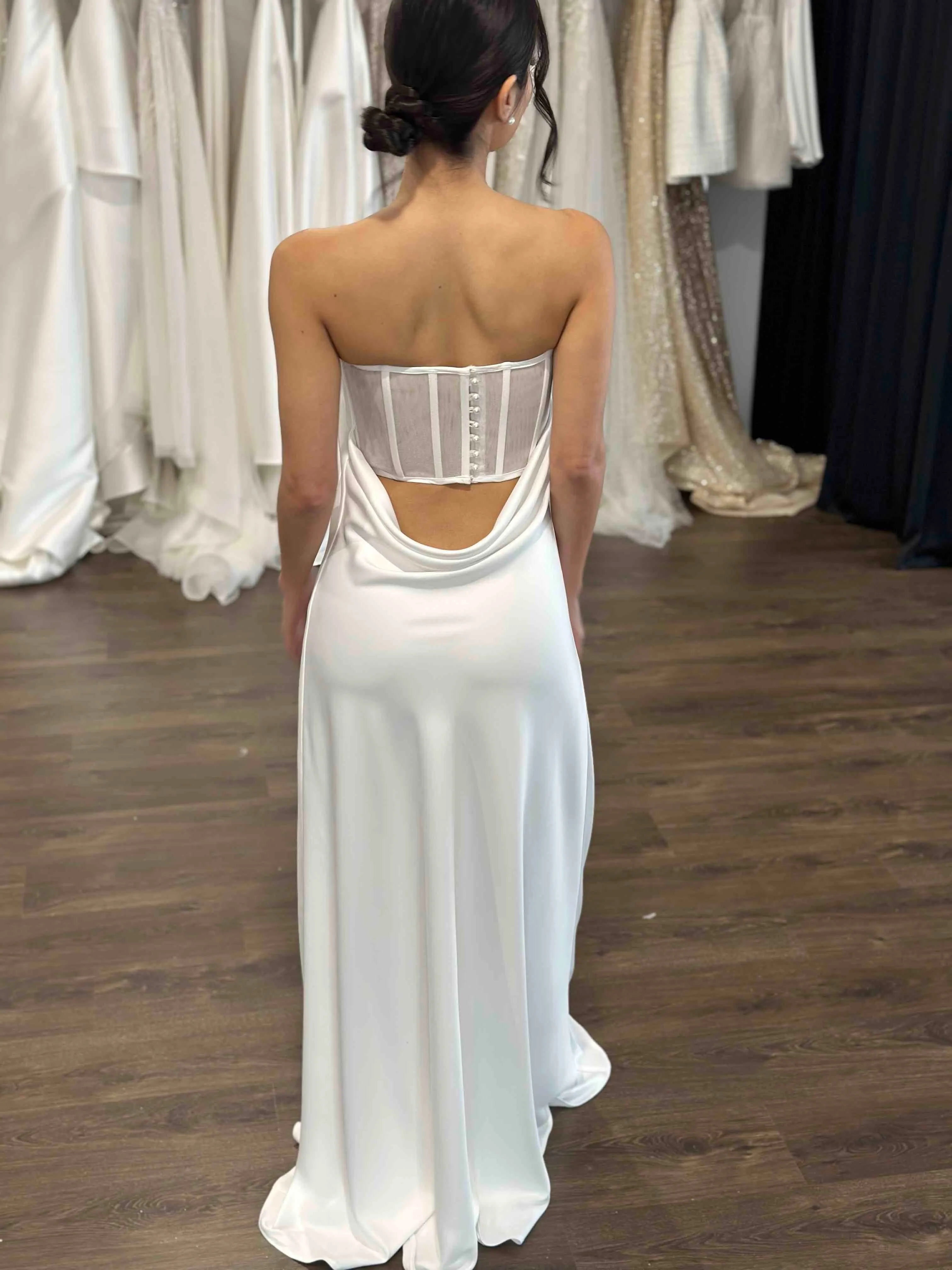 Simple Strapless Straight Neckline Wedding Dress Vestido De Novia Satin Skirt Bow Court Train Dress Bridal Gown - Image 8