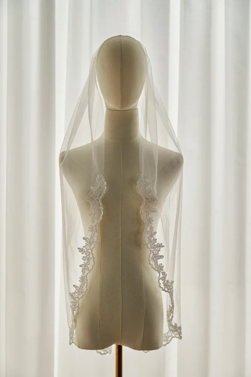 Floral Lace Edge Bridal Veil Fingertip Ivory Wedding Veil - Image 2