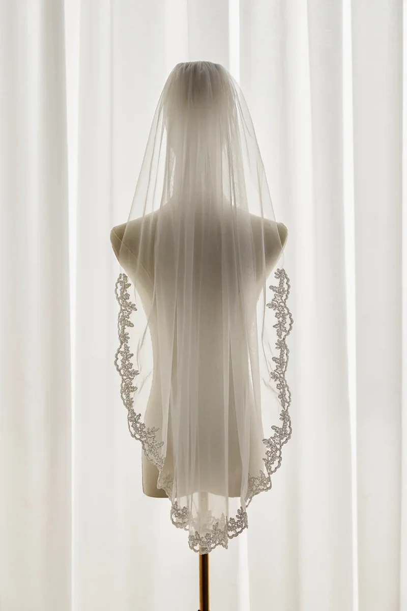 Floral Lace Edge Bridal Veil Fingertip Ivory Wedding Veil - Image 3