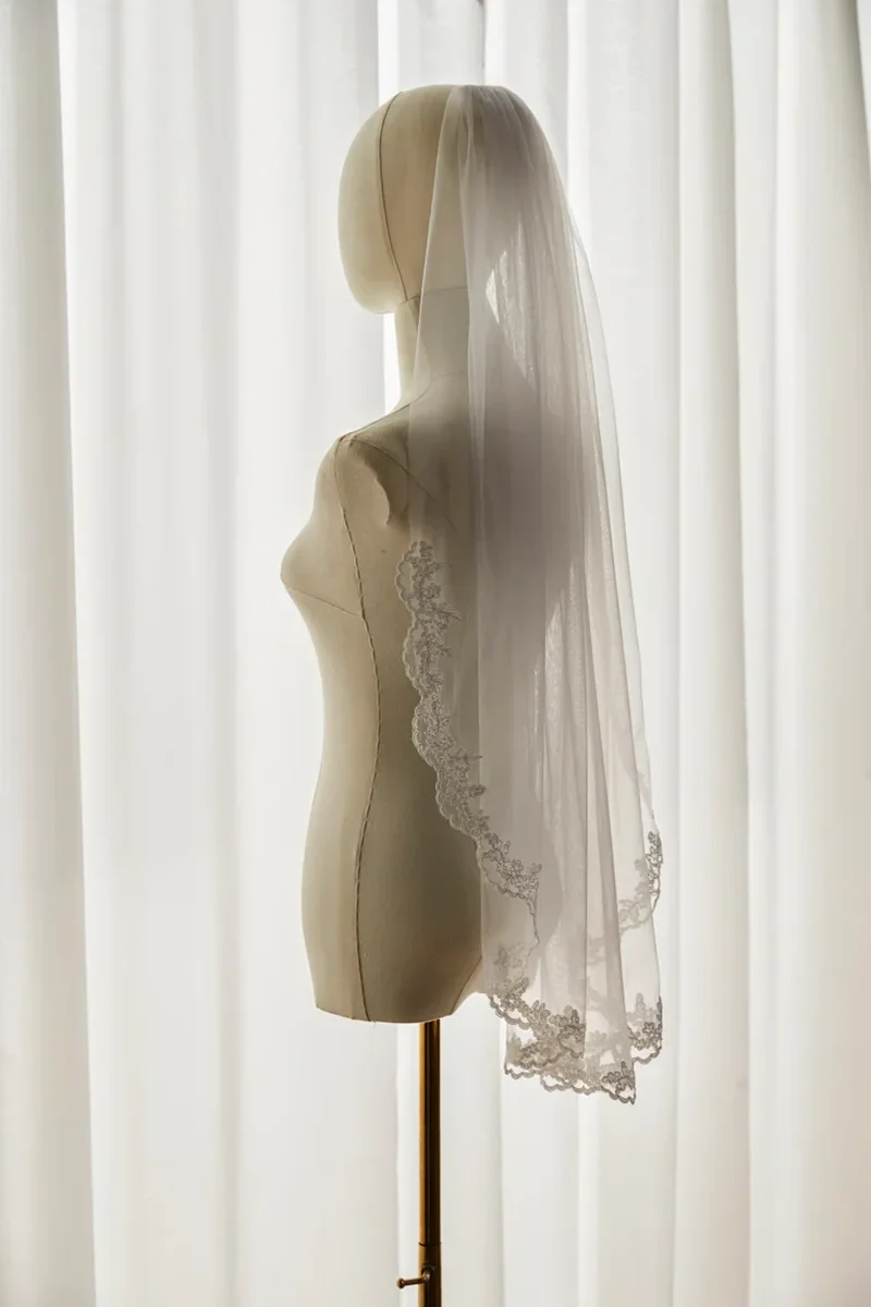 Floral Lace Edge Bridal Veil Fingertip Ivory Wedding Veil - Image 4