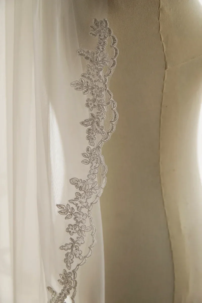 Floral Lace Edge Bridal Veil Fingertip Ivory Wedding Veil - Image 5