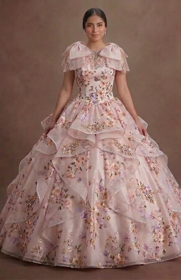 Floral Print Pink Quinceañera Dress for Garden Parties - Image 2