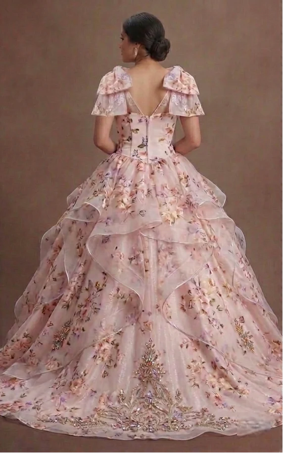 Floral Print Pink Quinceañera Dress for Garden Parties - Image 3