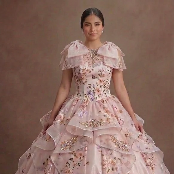 Floral Print Pink Quinceañera Dress for Garden Parties - Image 4