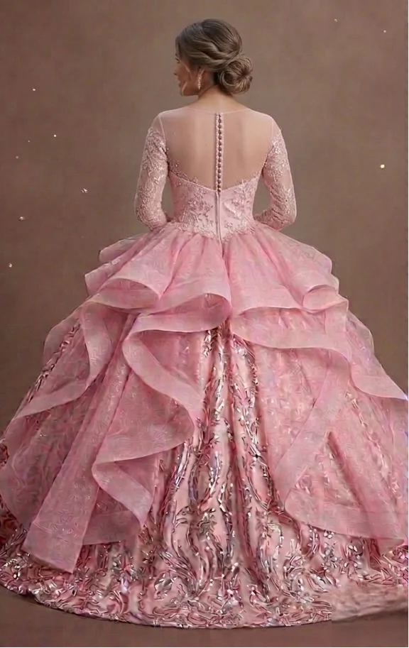 Pink Quinceañera Dress Illusion Neckline Tulle Gown - Image 3