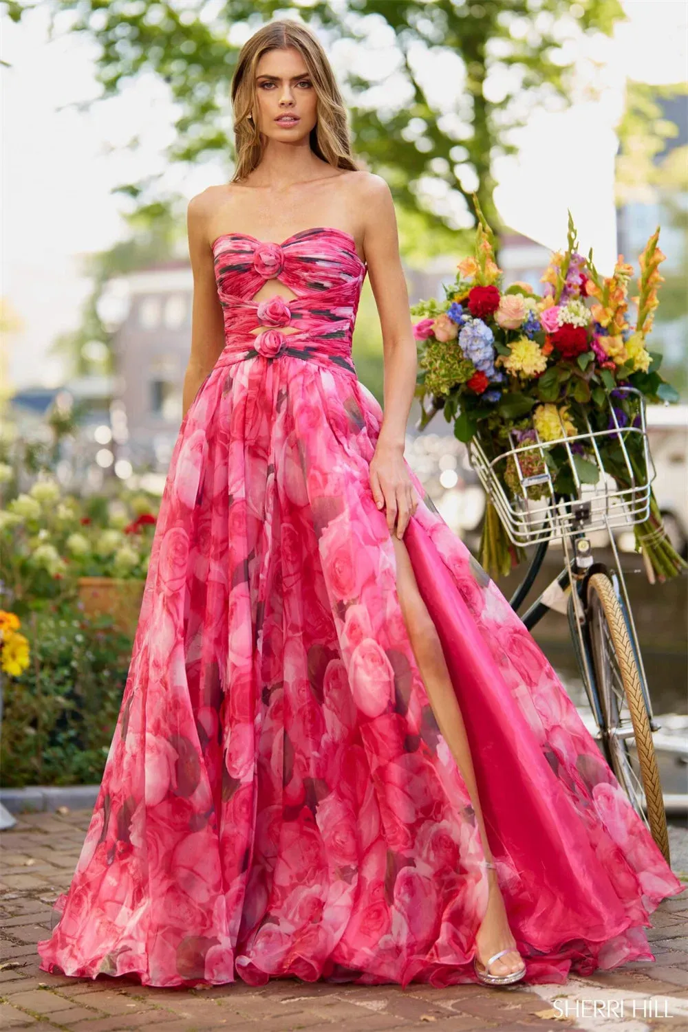 Floral Print Prom Dresses A-line Organza vestidos de fiesta Strapless Side Split Sweep Train Sleeveless Formal Evening - Image 2