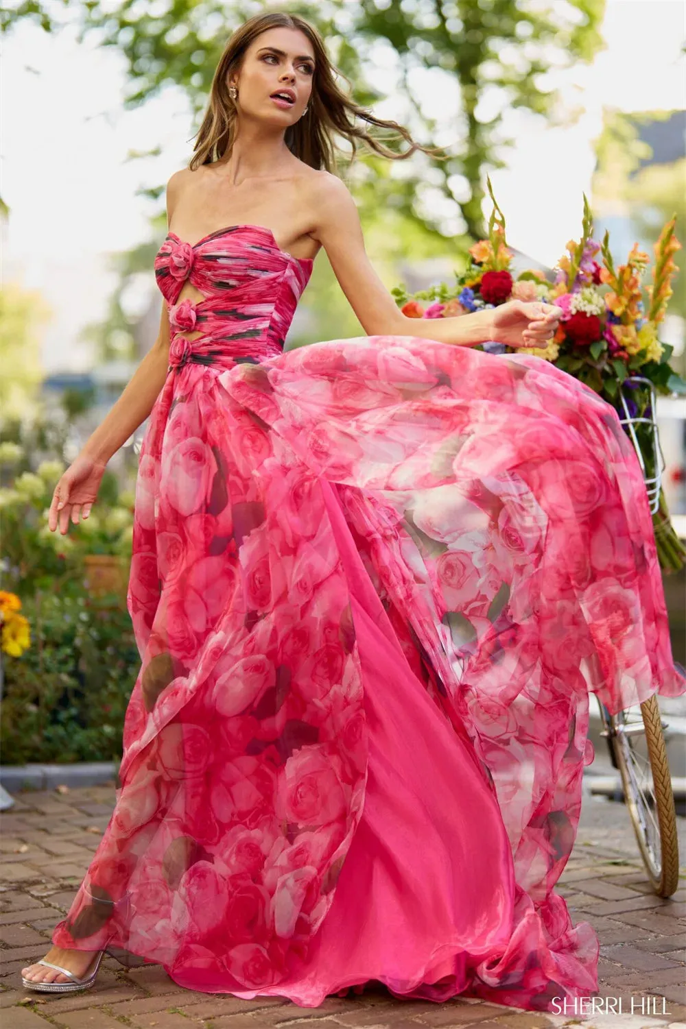 Floral Print Prom Dresses A-line Organza vestidos de fiesta Strapless Side Split Sweep Train Sleeveless Formal Evening - Image 4