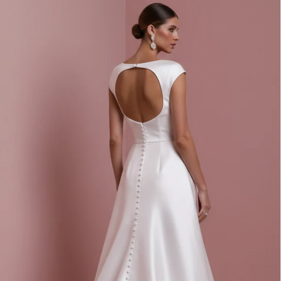Illusion Back Wedding Dress Matte Long Button Detail Wear - Image 5