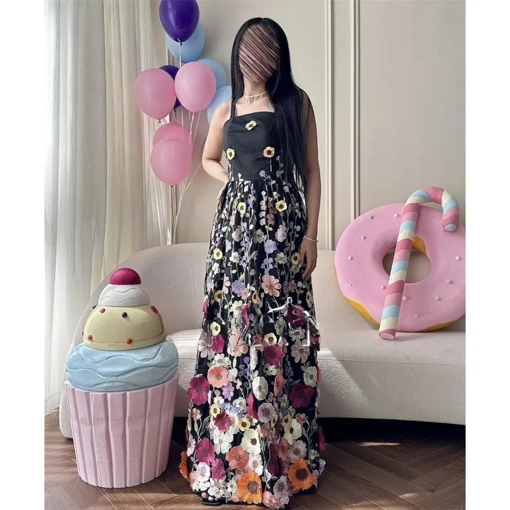 Flower Appliques Ankle-Length Prom Dresses Elegant Sleeveless A-line Spaghetti Strap Satin Evening Dress - Image 3