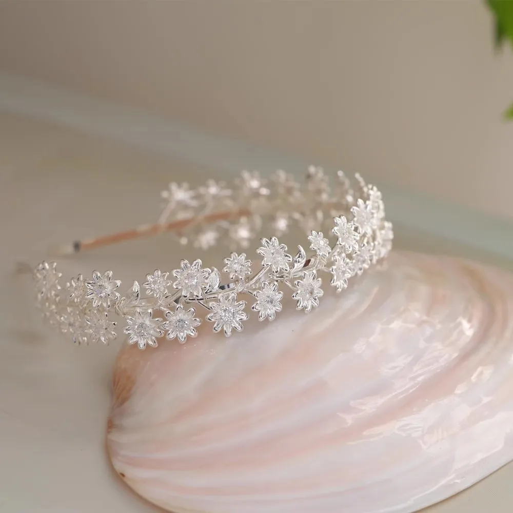Flower Headband Hairband Silver Color Headpiece Bride Women Zircon Headwear Headdress Bridal Hair Jewelry Wedding Accessories - Image 3