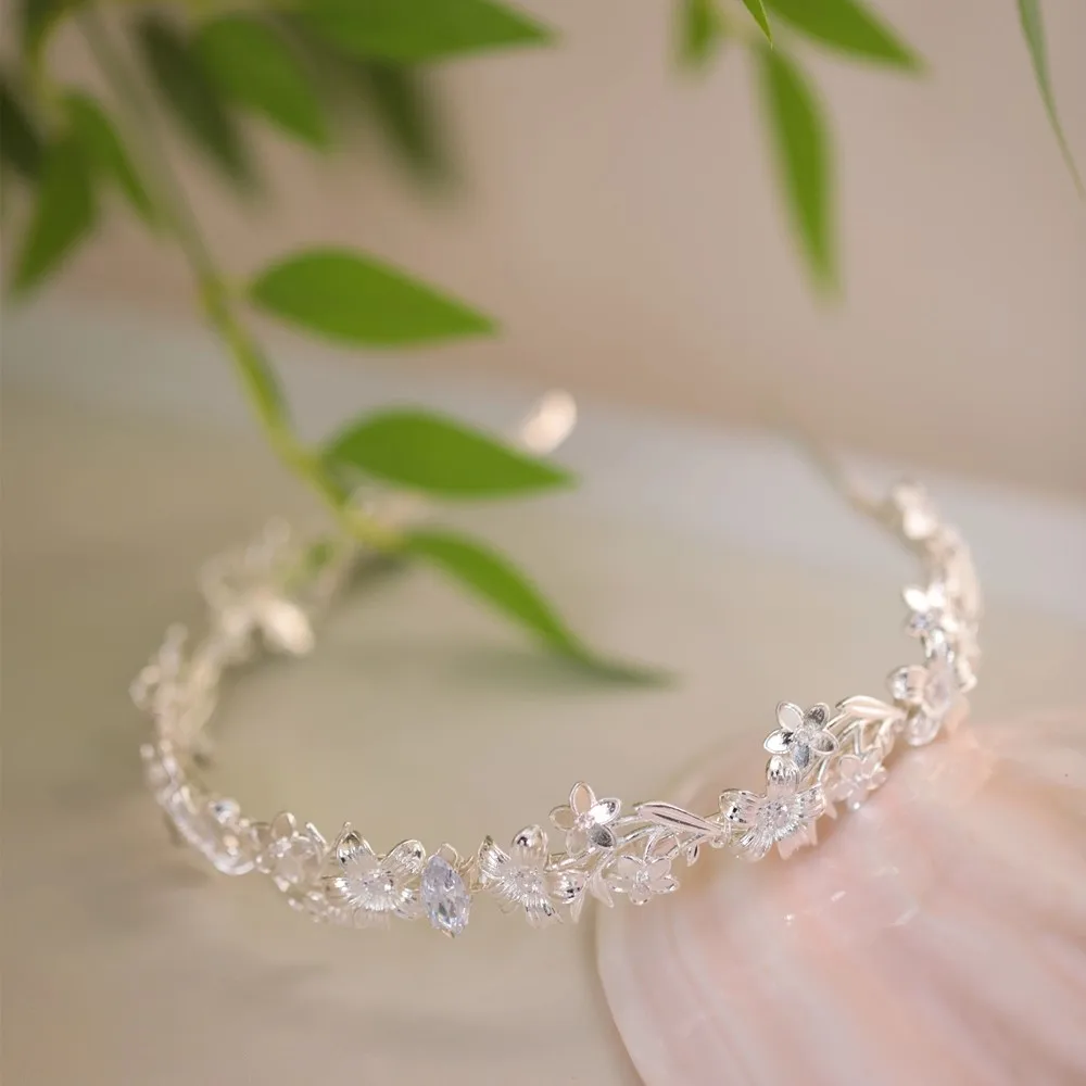 Flower Headband Hairband Silver Color Headpiece Bride Women Zircon Headwear Headdress Bridal Hair Jewelry Wedding Accessories - Image 4