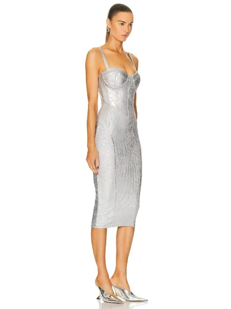 Foil Silver Color Women Sleeveless Sexy Strap Square Collar Bodycon Midi Bandage Dress Celebrate Nightclub Party Dress Vestido - Image 2