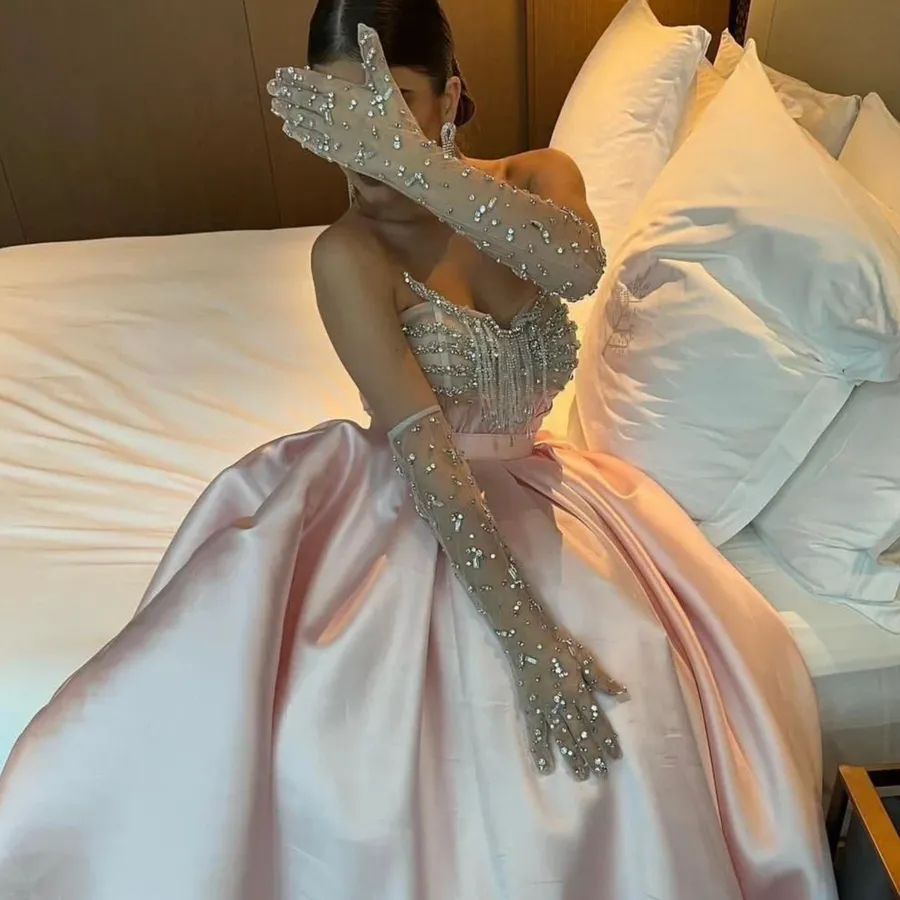 Fortunate Evening Elegant Pink Vintage Sexy Beading Sequined Crystal Gloves Formal Occasion Prom Dress Evening Party Gowns - Image 3