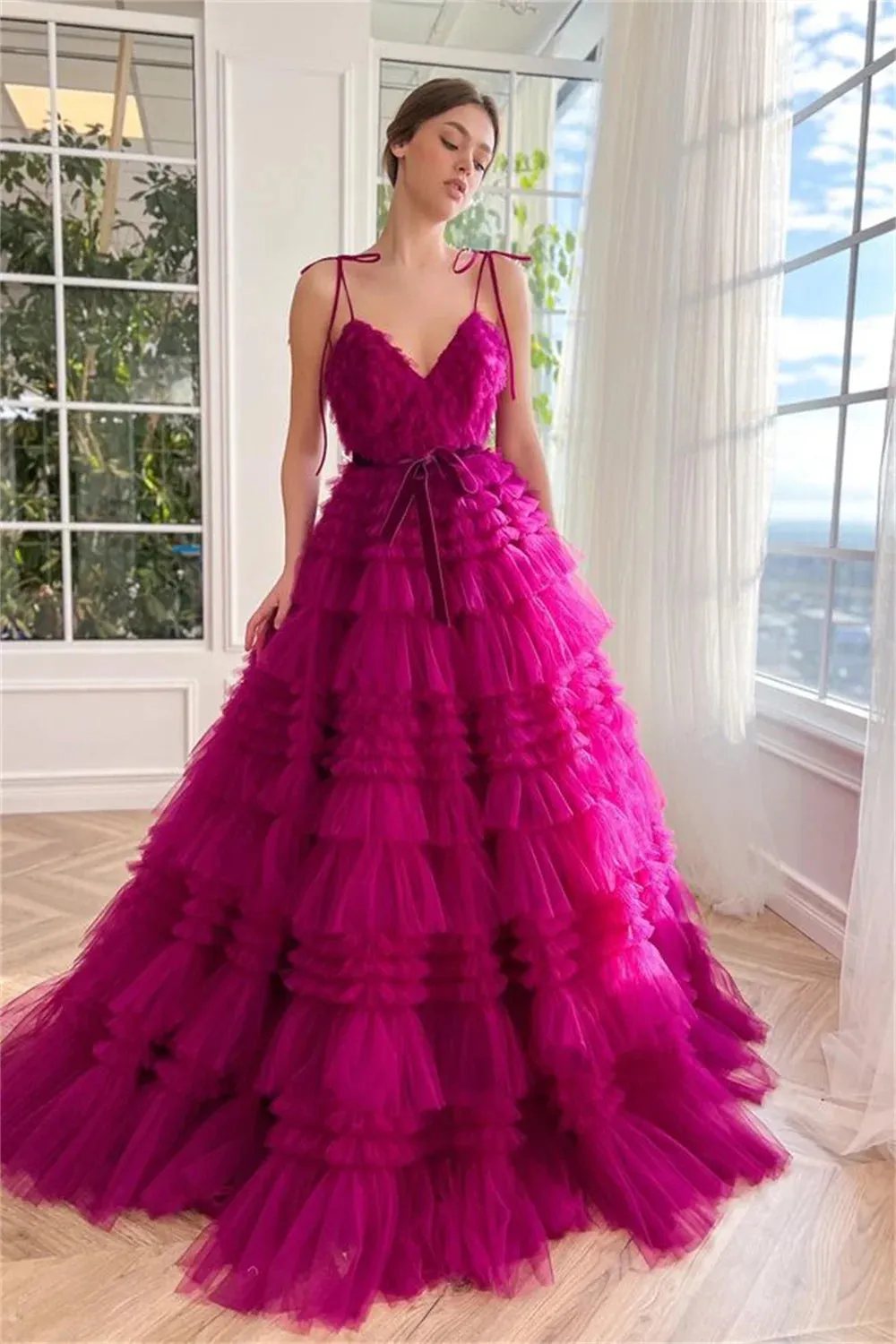Fuchsia Prom Dresses Multilayer Spaghetti Strap Tulle Wedding Dress Elegant Sleeveless Floor-Length Vestidos De Fiesta - Image 2