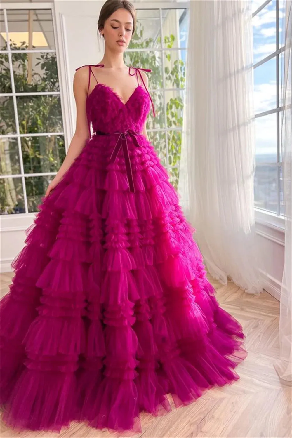 Fuchsia Prom Dresses Multilayer Spaghetti Strap Tulle Wedding Dress Elegant Sleeveless Floor-Length Vestidos De Fiesta - Image 3