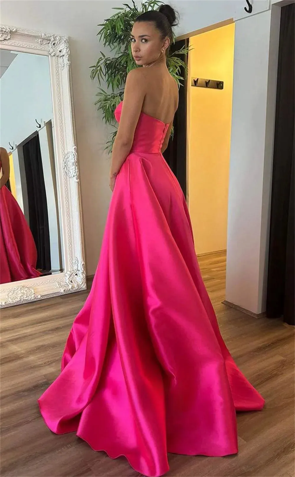 Fuchsia Satin Prom Dresses Strapless A-line Wedding Dress Elegant Sleeveless Floor-Length Heart Neck Vestidos De Fiesta - Image 2