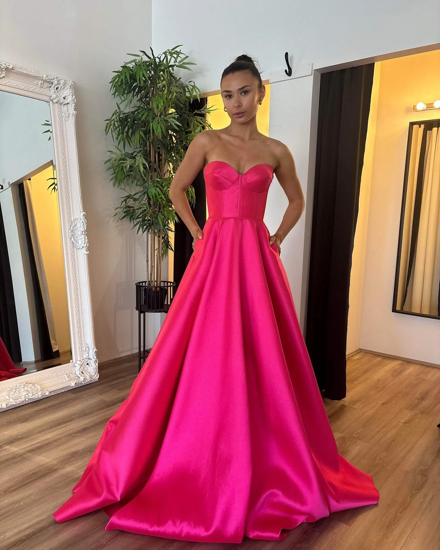Fuchsia Satin Prom Dresses Strapless A-line Wedding Dress Elegant Sleeveless Floor-Length Heart Neck Vestidos De Fiesta - Image 3