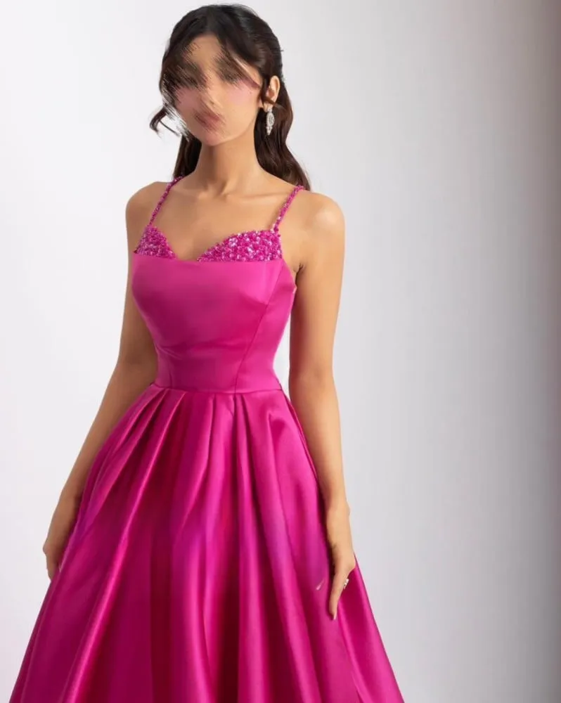Fuchsia Satin Robes De Soirée Spaghetti Strap A-line Long Train Prom Dresses Elegant Sleeveless Floor-length Wedding Dress - Image 2