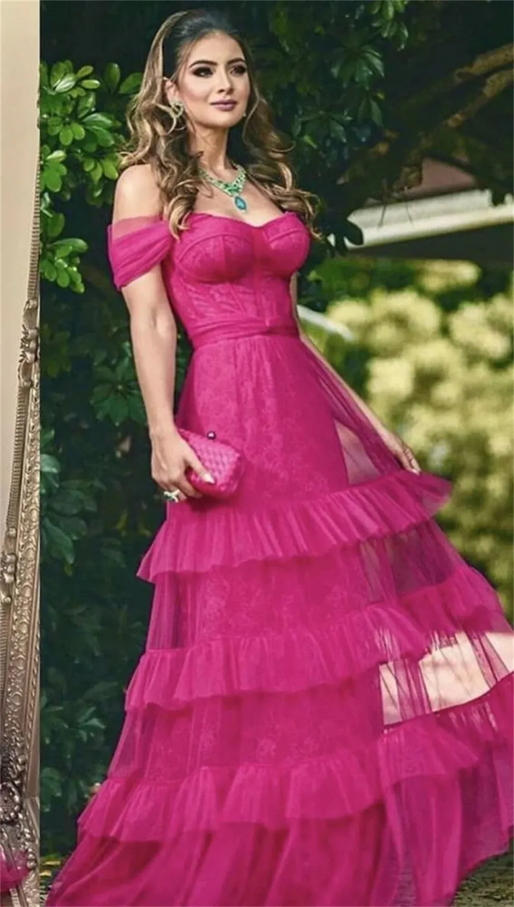Fuchsia Tulle Gown A-line Multilayer Prom Dress Elegant Off Shoulder Party Dress Sweetheart فساتين مناسبة رسمية - Image 5