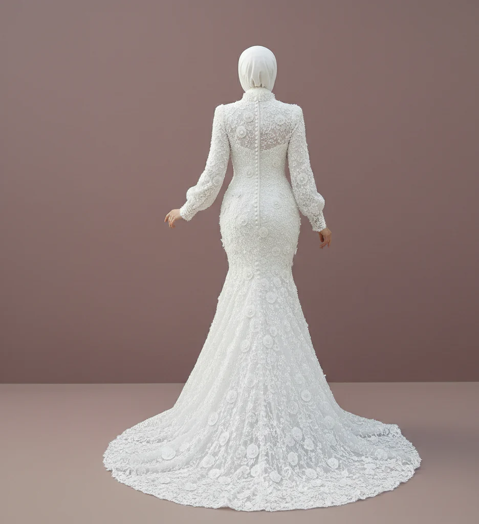 Tea Rose Muslim Wedding Dress Floral Modest Lace Mermaid Wedding Dress - Image 2