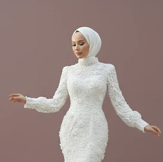 Tea Rose Muslim Wedding Dress Floral Modest Lace Mermaid Wedding Dress - Image 3