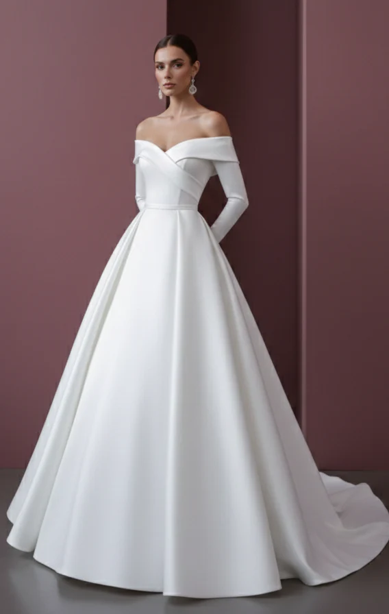 Long Satin Ball Gown Sleeve Wedding Dress Royal Elegant - Image 2
