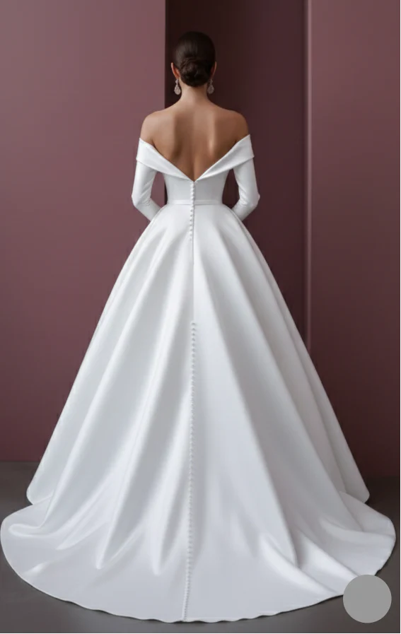 Long Satin Ball Gown Sleeve Wedding Dress Royal Elegant - Image 3