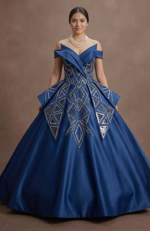 Geometric Pattern Blue Quinceañera Dress Modern Satin - Image 2