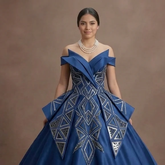 Geometric Pattern Blue Quinceañera Dress Modern Satin - Image 4