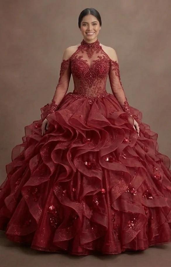 Glamorous Red Quinceañera Dress with Ruffled Organza Skirt - Image 2
