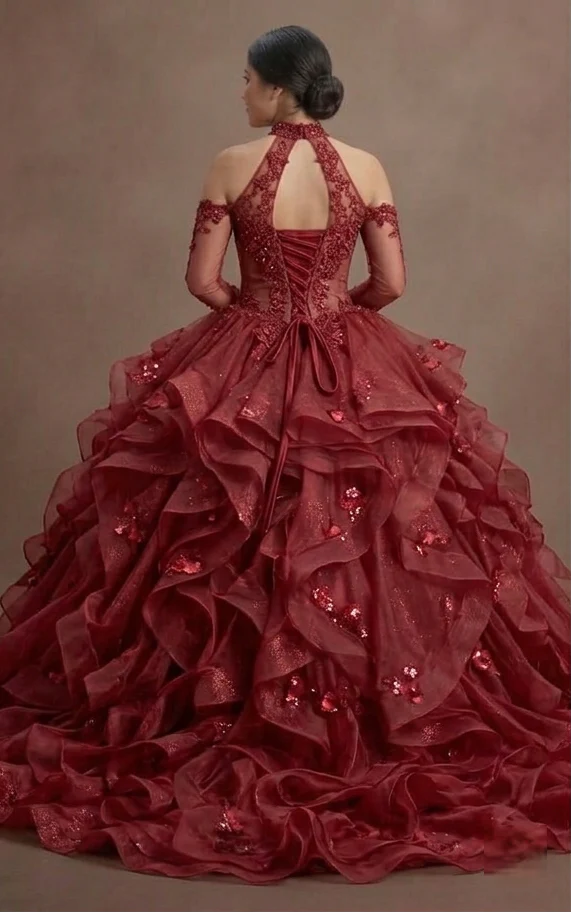 Glamorous Red Quinceañera Dress with Ruffled Organza Skirt - Image 3