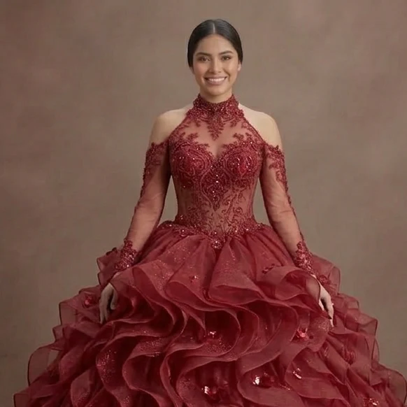 Glamorous Red Quinceañera Dress with Ruffled Organza Skirt - Image 4