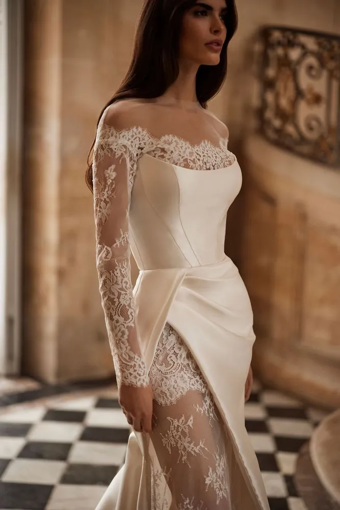 Chic Mikado Gown with a Sheer Chantilly Lace Underskirt Modern Satin Bridal Gown Princess Court Train Bow Wedding Dress Vestido De Novia Mermaid - Image 3