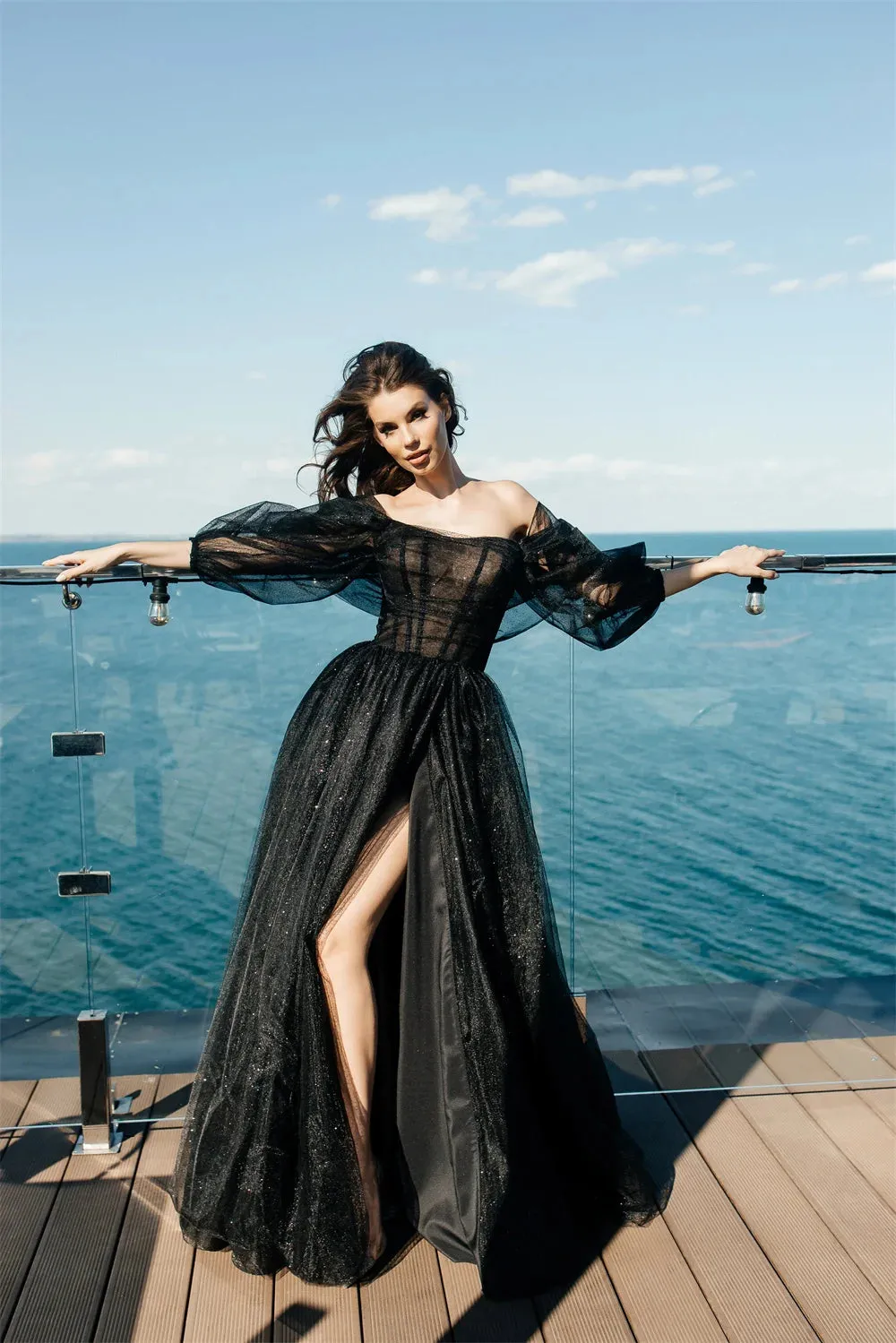 Glitter Black Prom Dress Shiny Puffy Sleeve Sexy Side Split Formal Occasion Dresses Gothic Wedding Party Dress