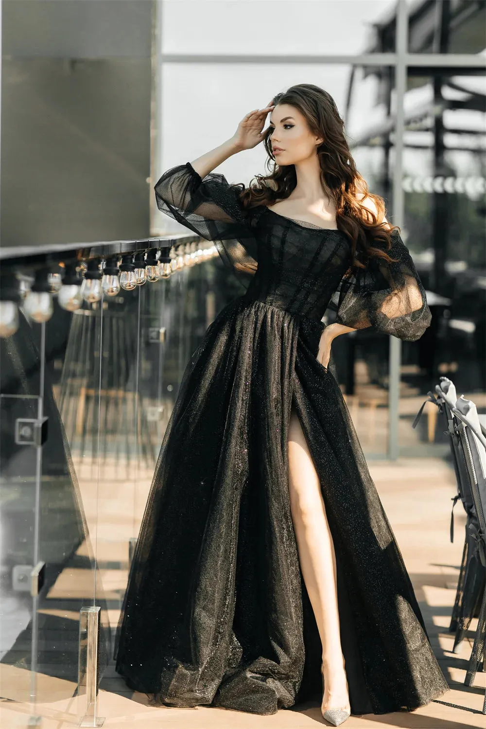 Glitter Black Prom Dress Shiny Puffy Sleeve Sexy Side Split Formal Occasion Dresses Gothic Wedding Party Dress - Image 3