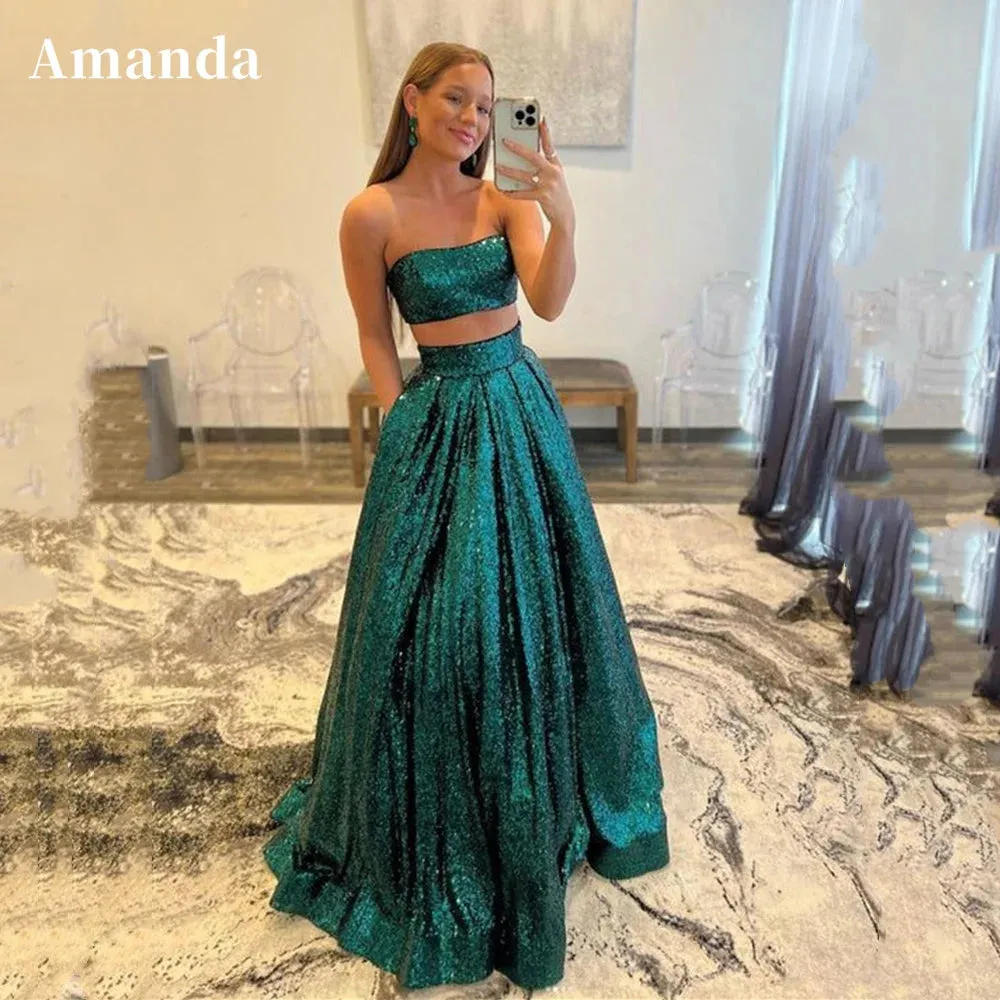 Glitter Dark Green فساتين الحفلات Sexy Strapless Party Dress Glitter Evening Dresses Shiny A-line Prom Dress - Image 3