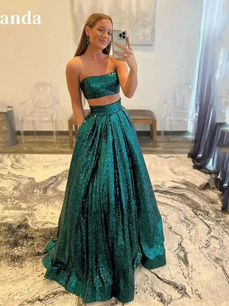 Glitter Dark Green فساتين الحفلات Sexy Strapless Party Dress Glitter Evening Dresses Shiny A-line Prom Dress - Image 7