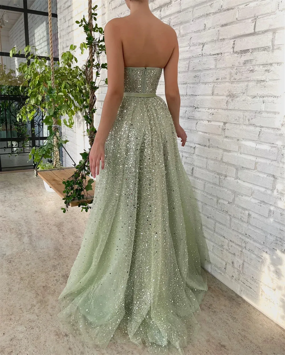 Glitter Evening Dress Shiny Strapless Prom Dress Sexy A-line Party Dress Green Sequin Side Split Prom Gown - Image 4