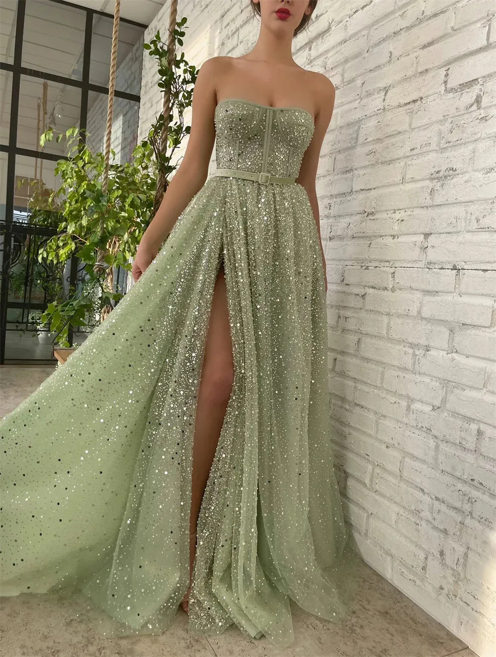 Glitter Evening Dress Shiny Strapless Prom Dress Sexy A-line Party Dress Green Sequin Side Split Prom Gown - Image 5