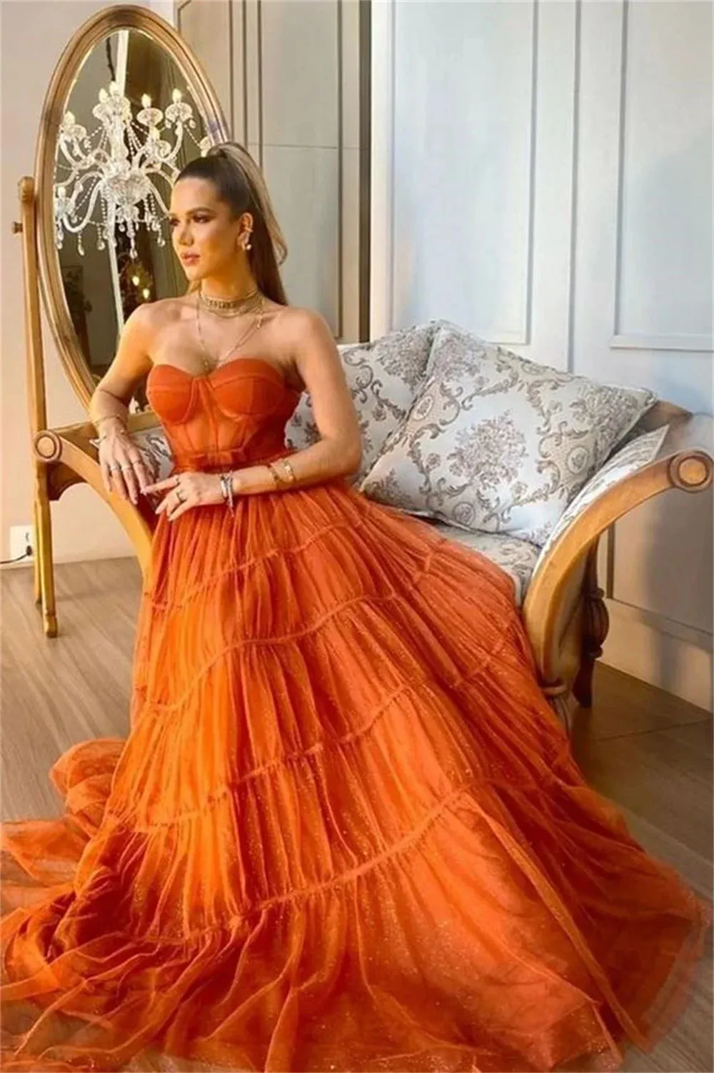 Glitter Orange Strapless A-line Prom Dresses Sexy Multilayer Vestidos De Noche Strapless - Image 3