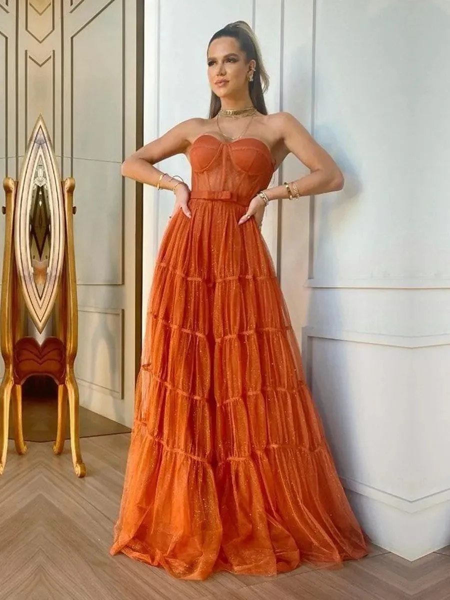 Glitter Orange Strapless A-line Prom Dresses Sexy Multilayer Vestidos De Noche Strapless - Image 4