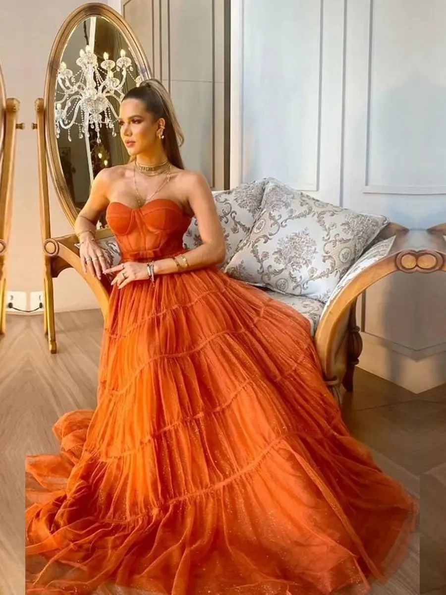 Glitter Orange Strapless A-line Prom Dresses Sexy Multilayer Vestidos De Noche Strapless - Image 5