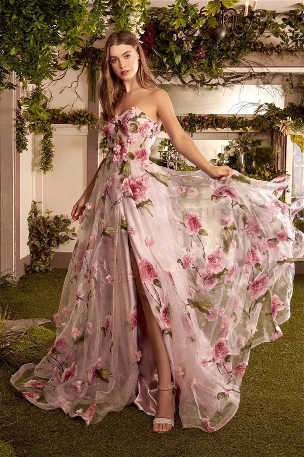 Glitter Pink Flower Sweet Strapless Vestidos De Noche Shiny Side Split Prom Dresses With 3D Flower - Image 3